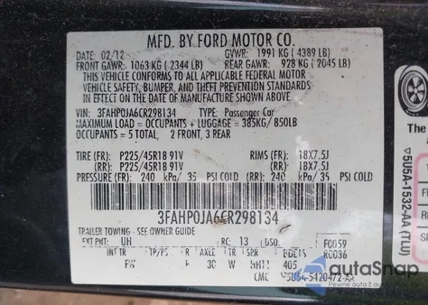 2012 Ford Fusion Sel from USA, damaged, VIN 3FAHP0JA6CR298134